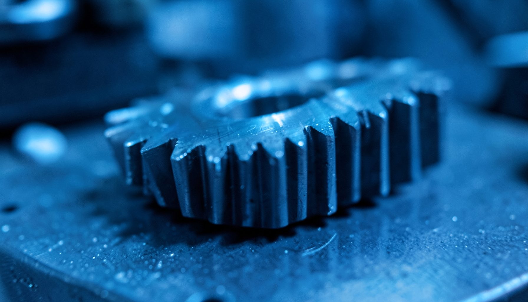 Precision-machined aerospace gear teeth under cool blue-toned workshop light