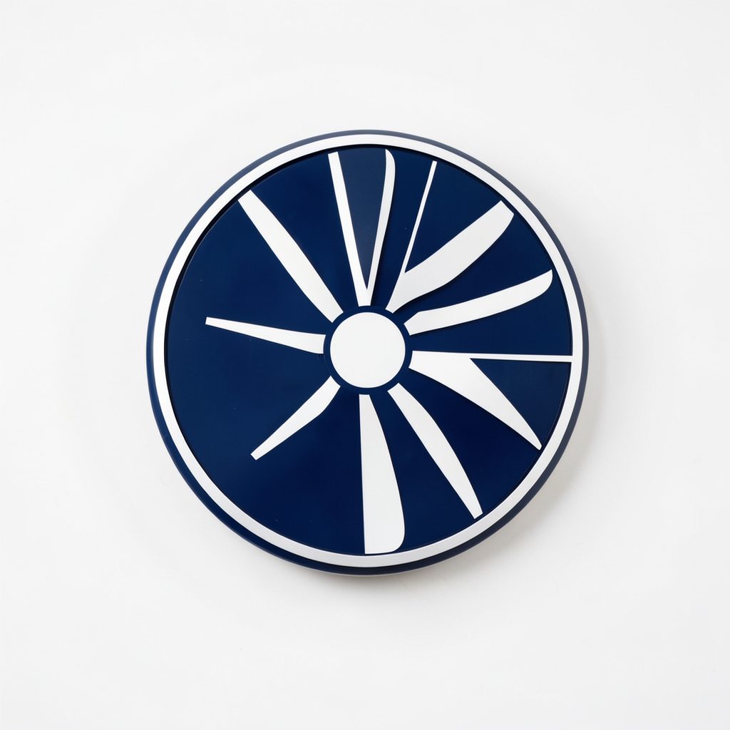 Aerospace propulsion emblem with turbine blade motif in dark blue and white