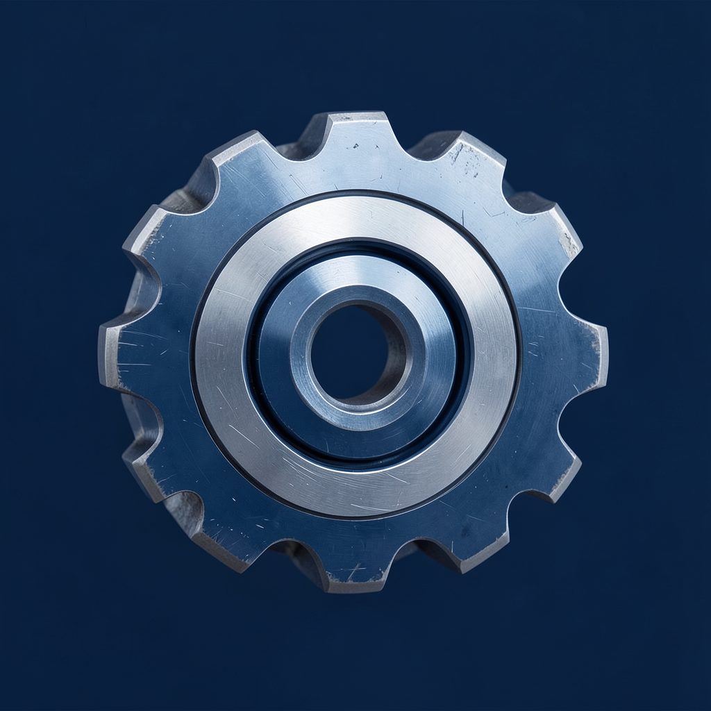 Abstract industrial gear and precision engineering emblem in dark blue and silver tones