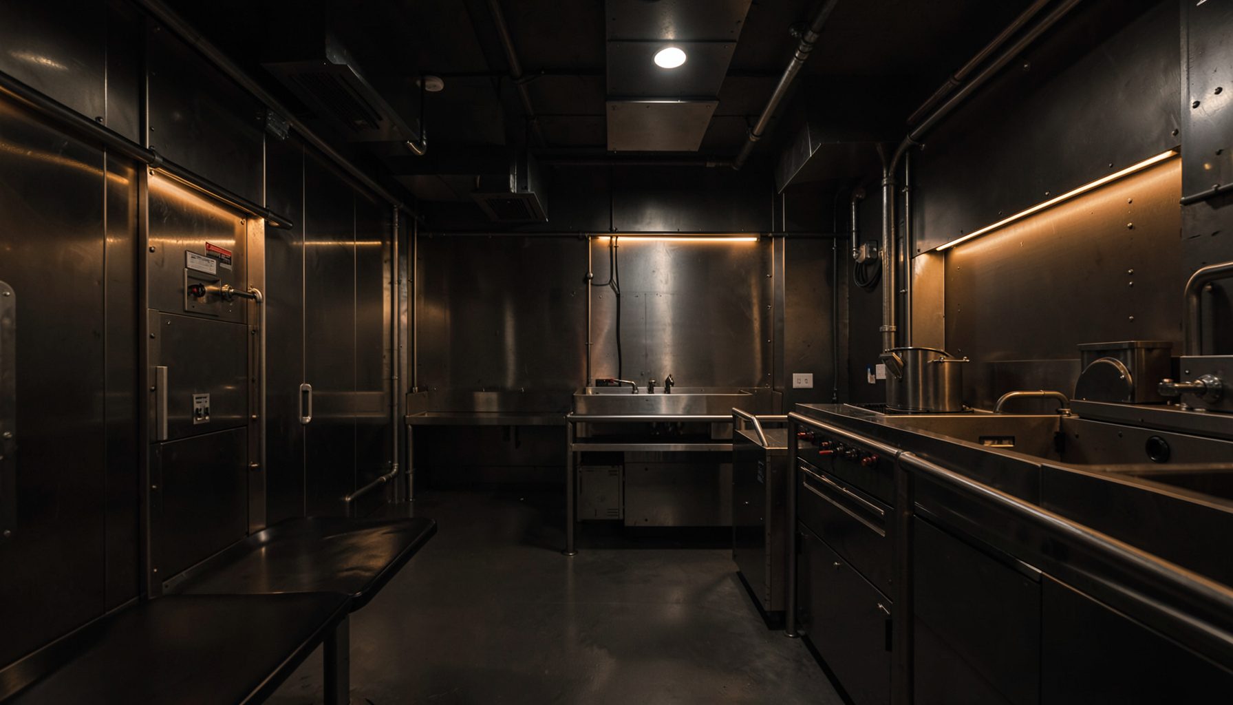 A dark atmospheric industrial workshop interior with warm amber accent lighting, polished metal surfaces, and a sense of precision engineering.