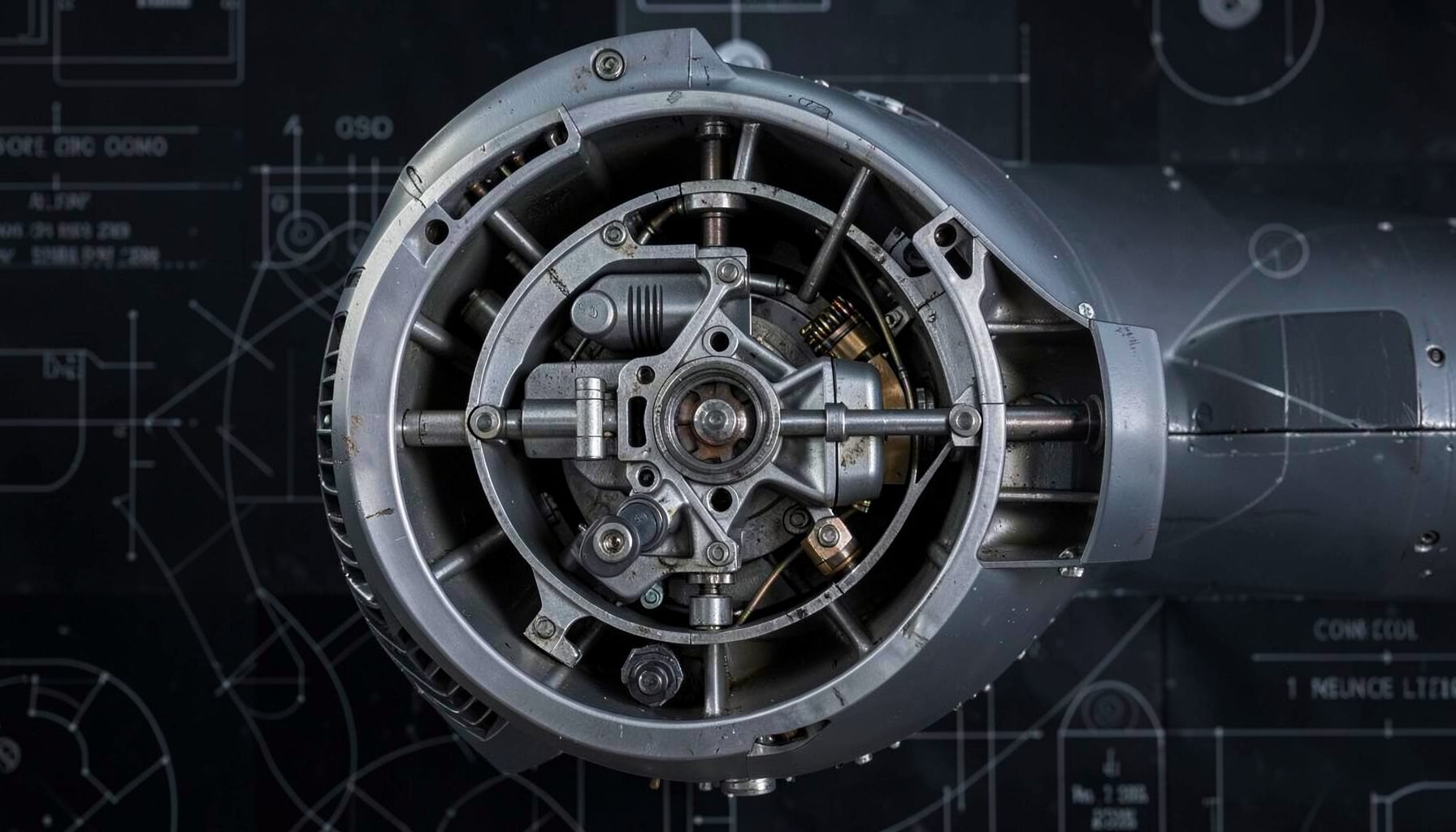 Aircraft engine cross-section revealing internal gearbox assembly against a dark technical backdrop